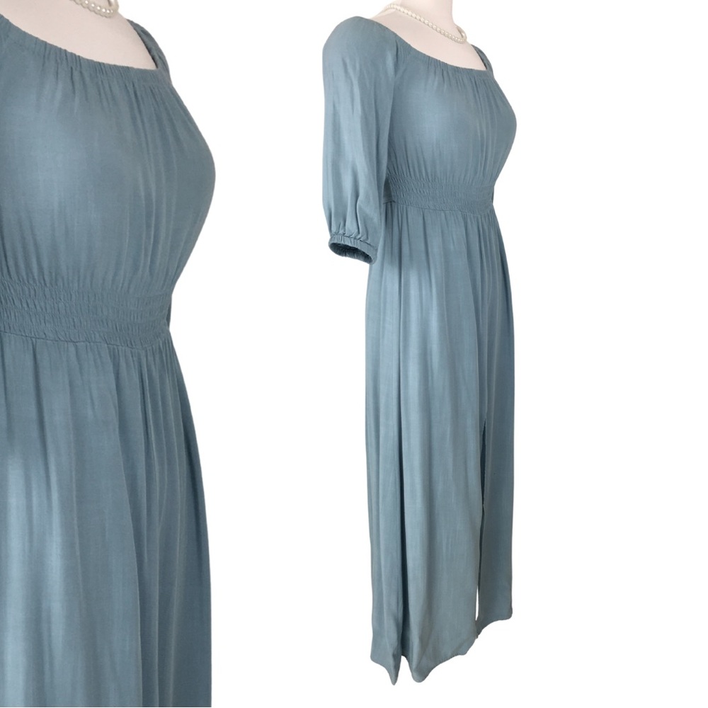 Forever 21 Chambray Blue Off Shoulder 3/4 Sleeve Smocked Waist Maxi Dress Small - Picture 3 of 13
